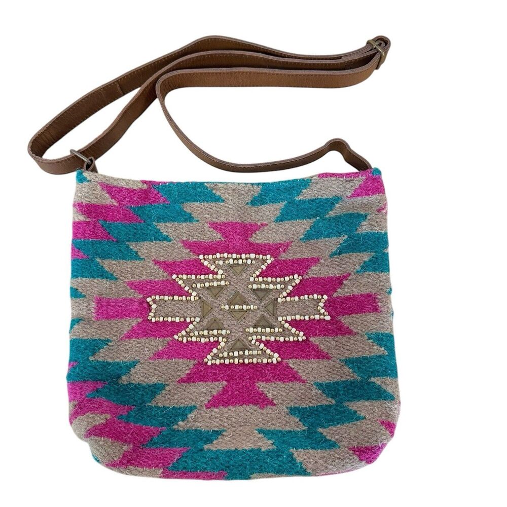 Catchfly Studio Leather & Aztec Rug Handwoven Southwest Beaded Crossbody Bag EUC